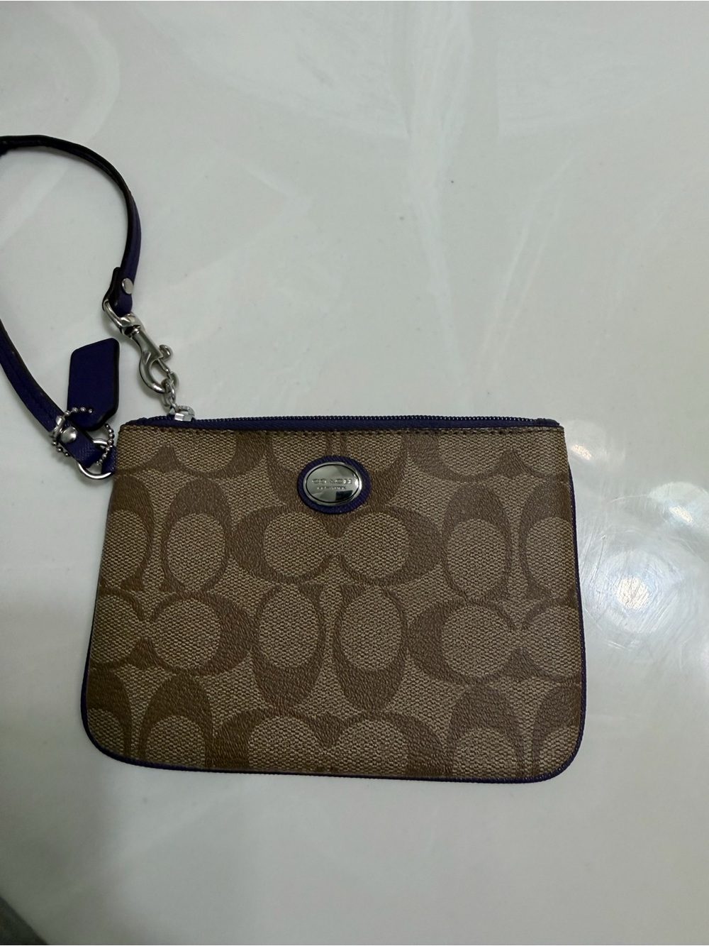 Coach Brown Signature Wristlet with Purple Trim